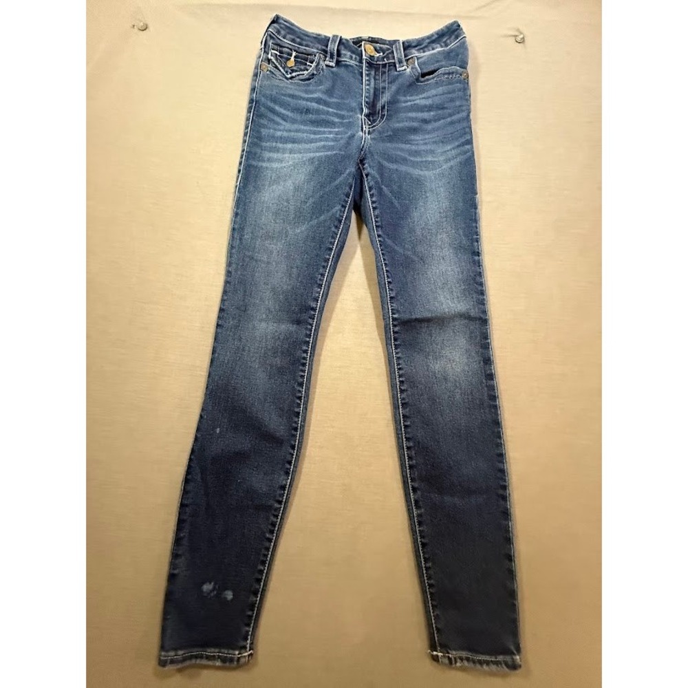 True Religion Halle Womens Blue Wash Skinny Jeans Flap Pocketed Belted 28X28.